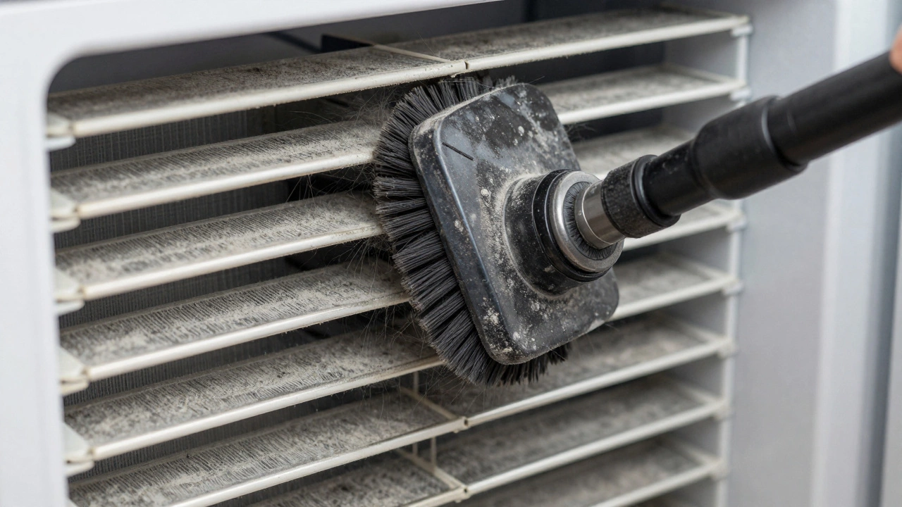 Vacuuming dust and pet hair off freezer condenser coils