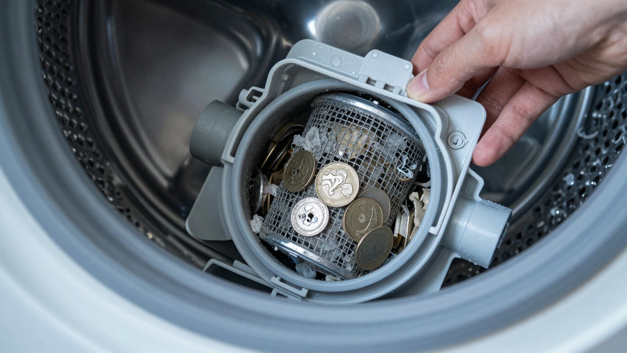 Clogged washing machine drain filter filled with coins, lint, and debris.