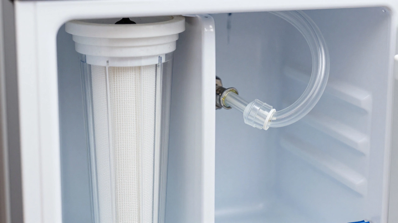 Clogged water filter and kinked tube blocking fridge water flow
