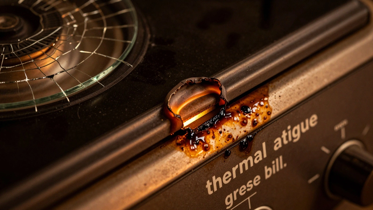 Close-up of cracked glass, worn seal, and greasy controls
