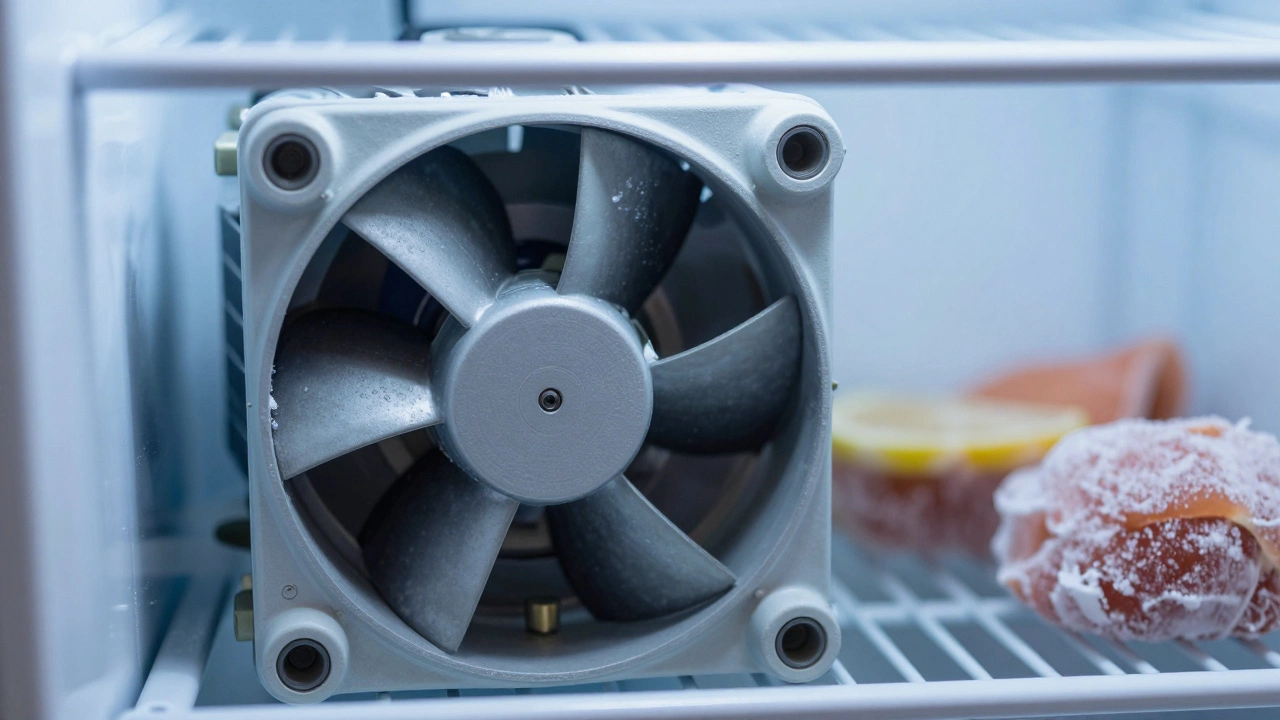 Close-up of evaporator fan motor inside a freezer compartment