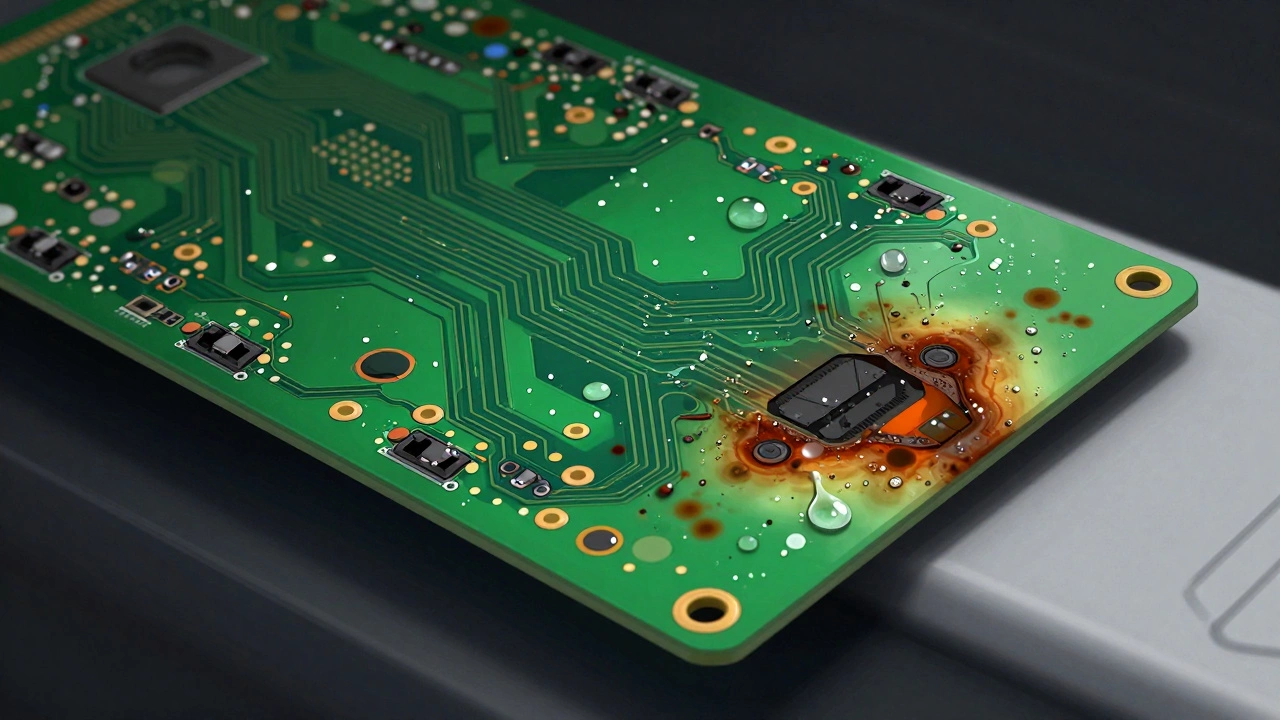 Corroded washing machine control board damaged by water and moisture.