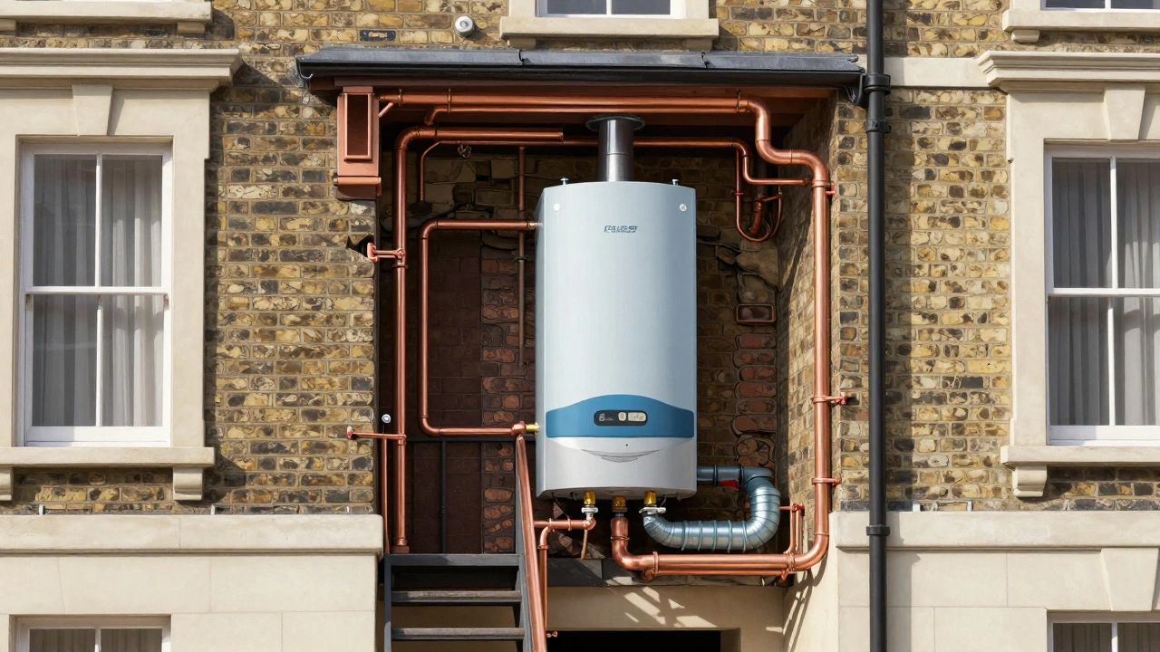 Cross-section view of complex boiler installation in old UK home