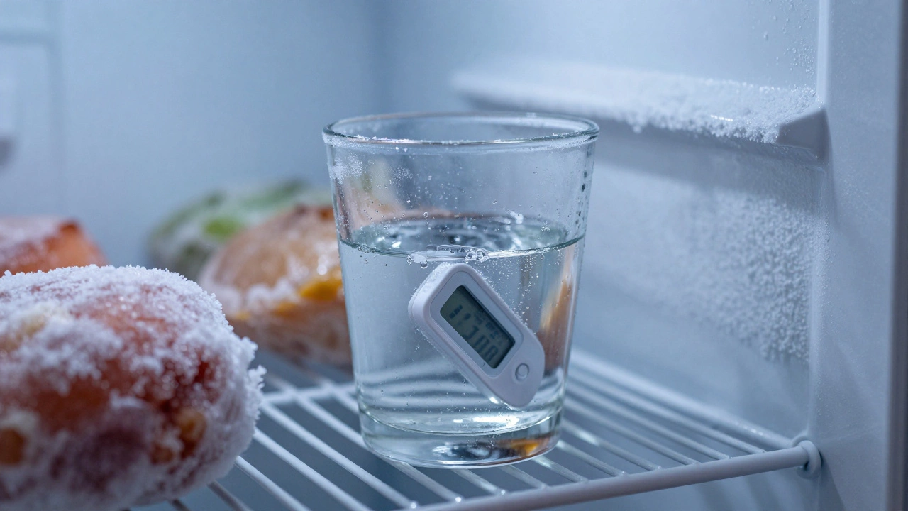 Digital thermometer in glass of water inside frosty freezer compartment