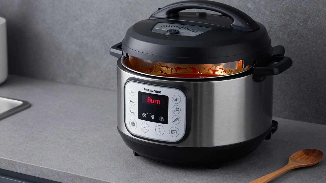Electric pressure cooker displaying burn error with stuck food inside