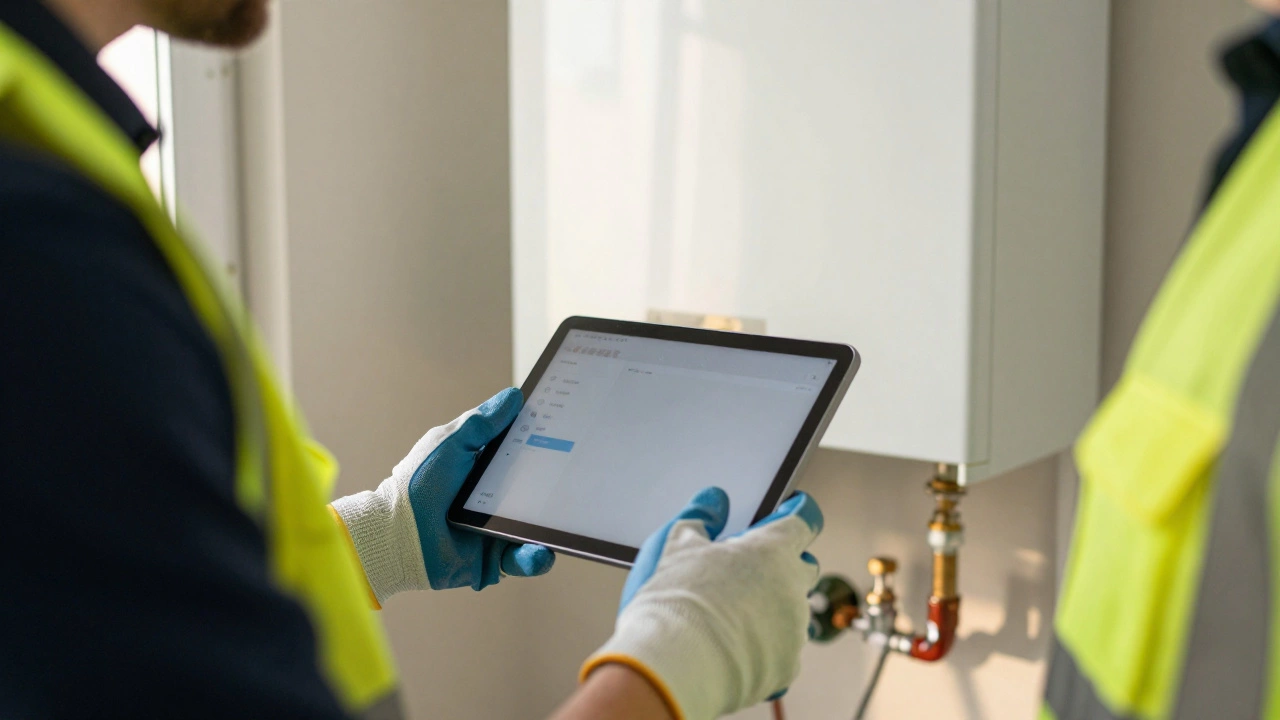 Engineer inspecting a newly installed boiler with tools nearby