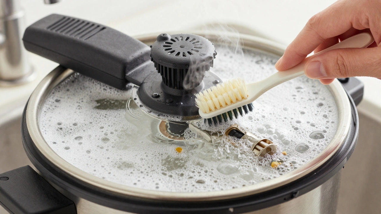 Hand cleaning pressure cooker vents with a toothbrush in soapy water