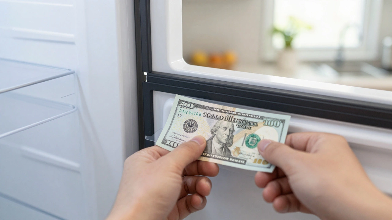 Hand testing freezer door seal by pulling a banknote from the gap
