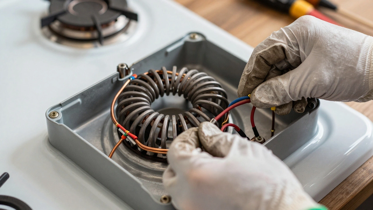 Hands repairing internal heating element of electric stove