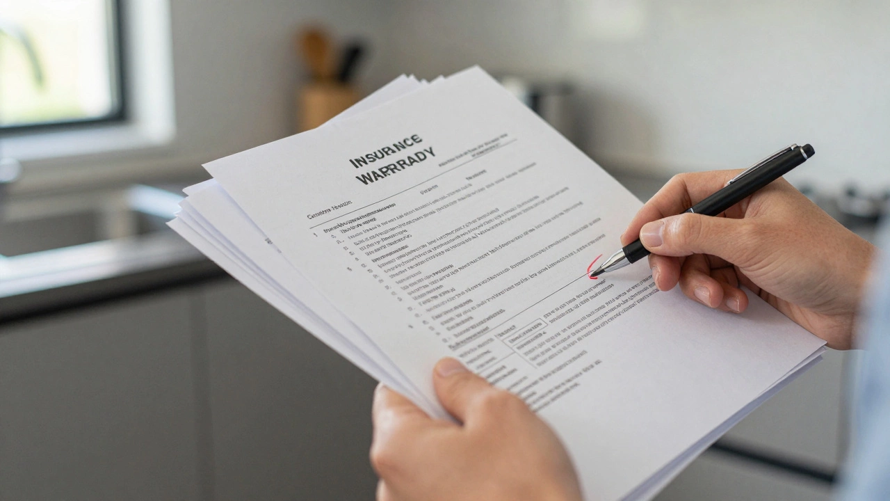Homeowner reviewing insurance and warranty documents for boiler