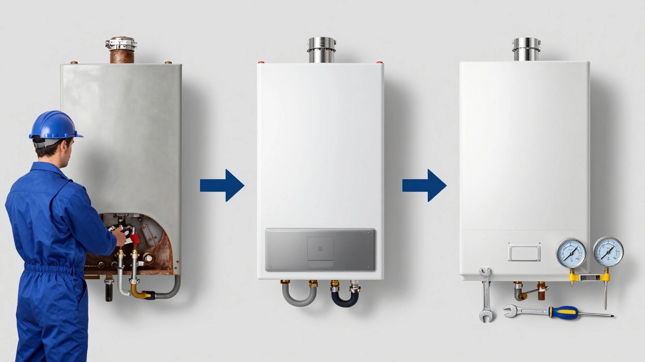 Step-by-step visual guide of removing old and installing new boiler