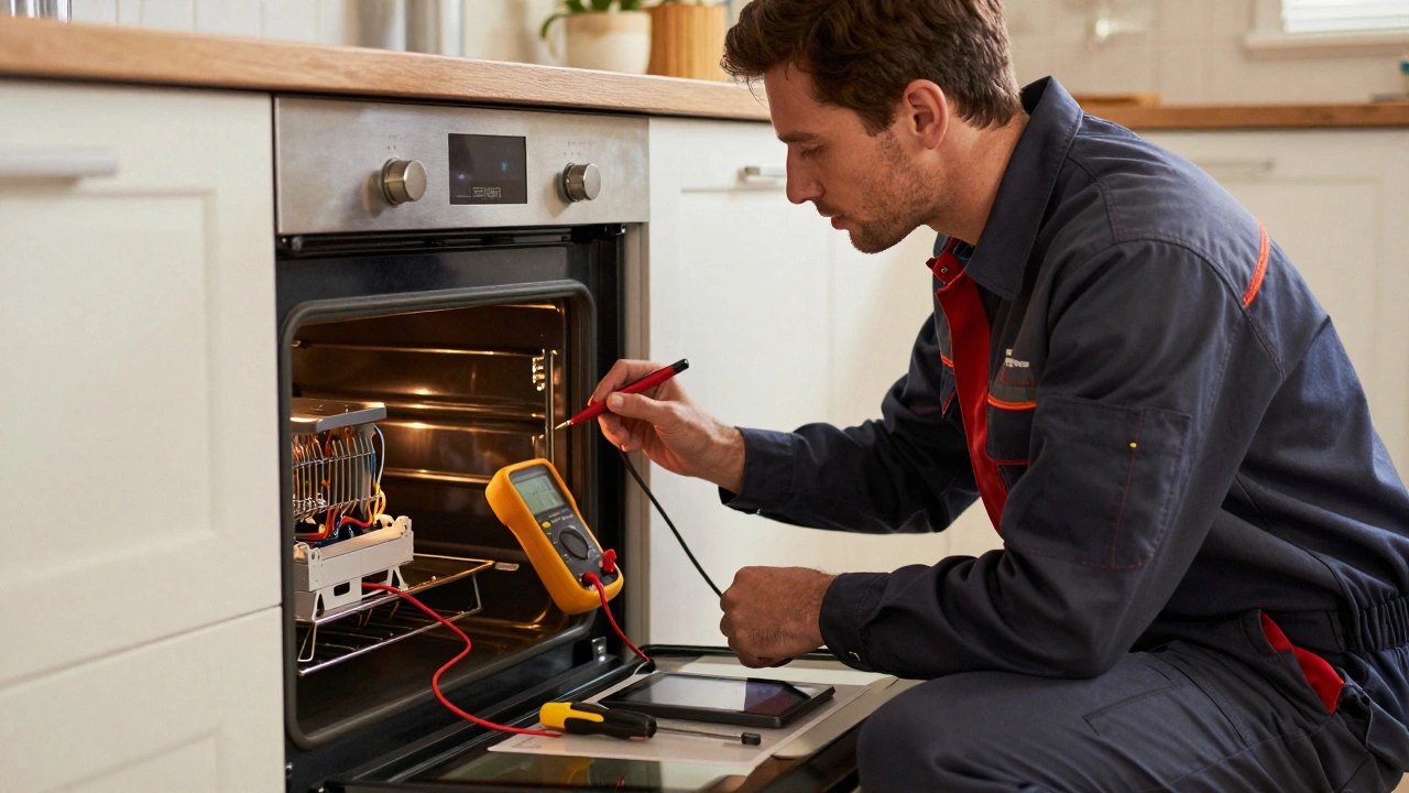 Technician diagnosing electrical fault in kitchen appliance