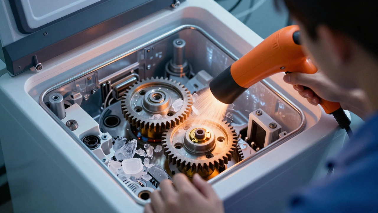 Thawing frozen ice maker gears with a hairdryer for repair