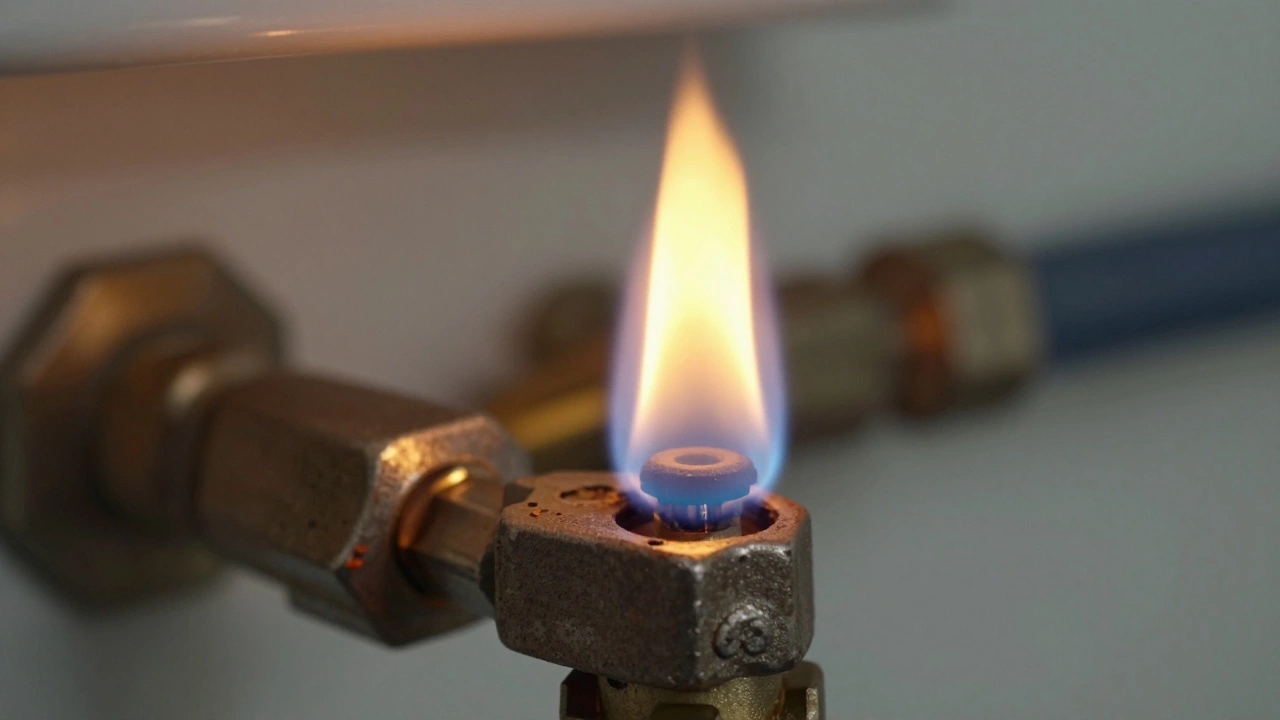Close-up of a gas water heater pilot light burning with a dangerous yellow flame