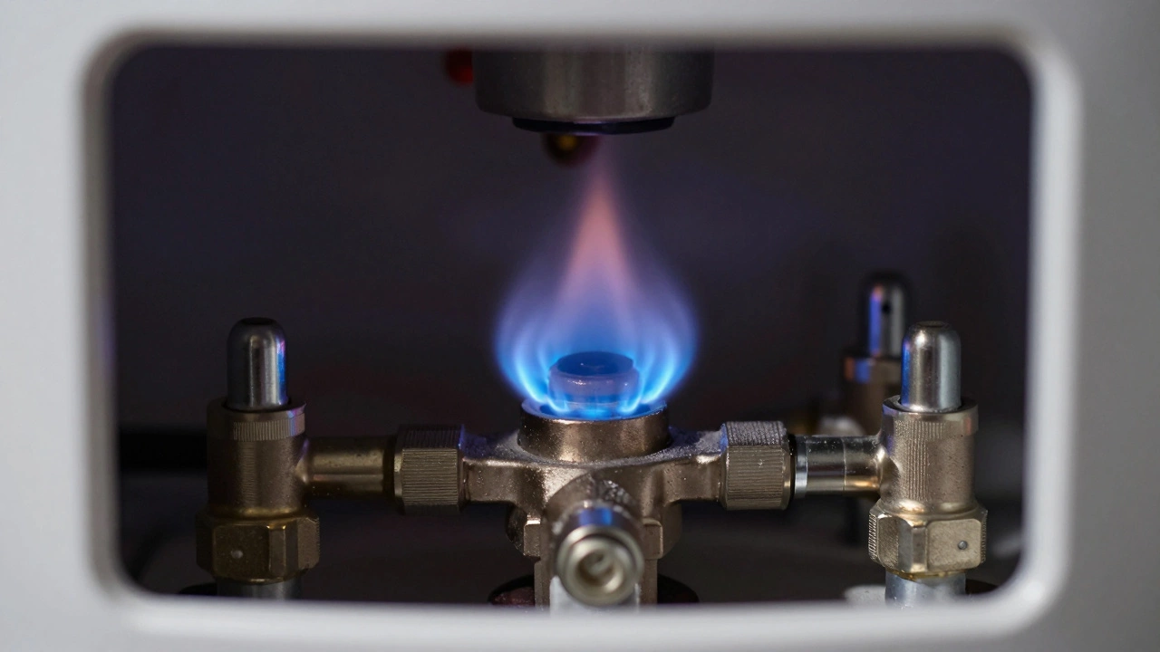Close-up of blue pilot flame inside gas water heater