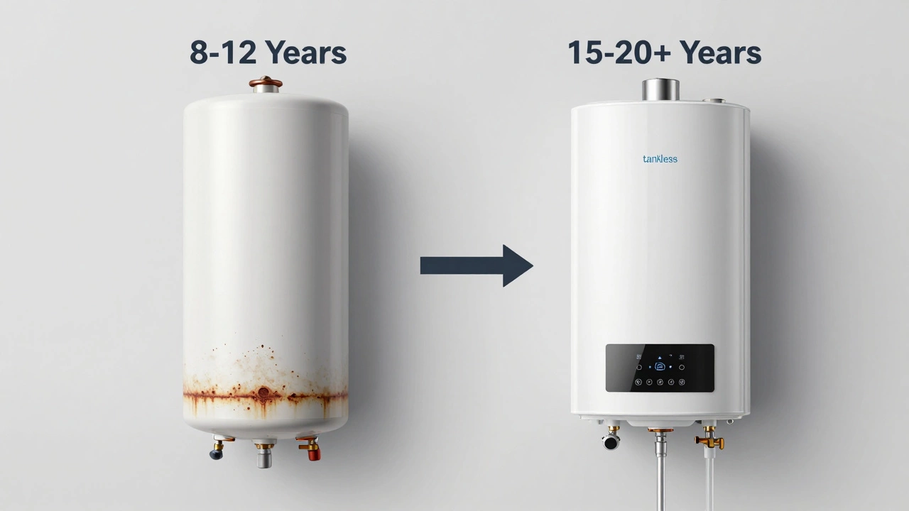 Comparison diagram of tank vs tankless water heater lifespans