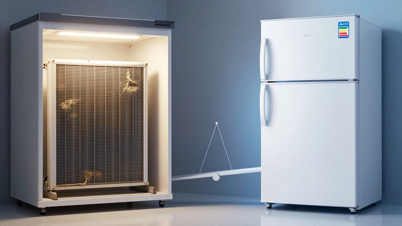 Comparison of dusty old freezer coils versus new energy-efficient model