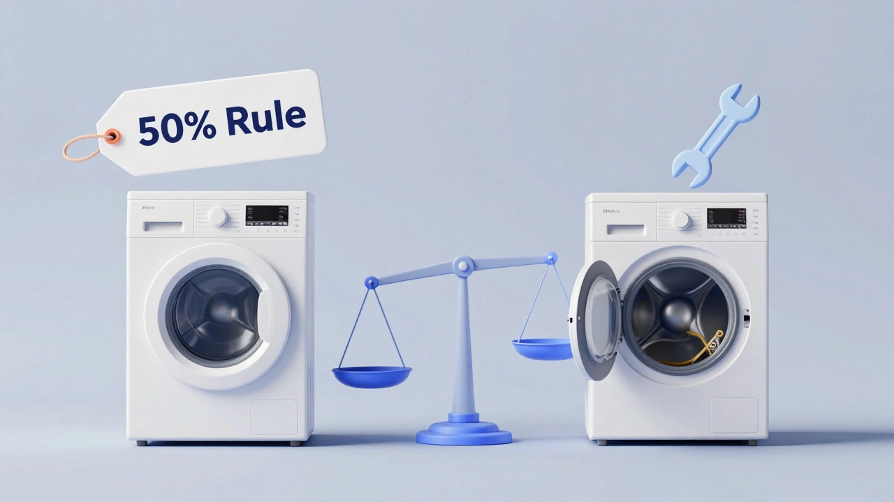 Conceptual 3D illustration of a washing machine repair vs replacement cost balance.