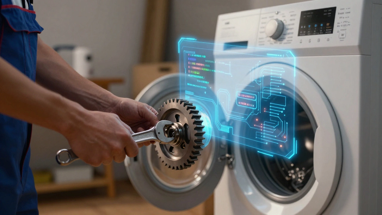 Conceptual art blending mechanical tools with digital diagnostics