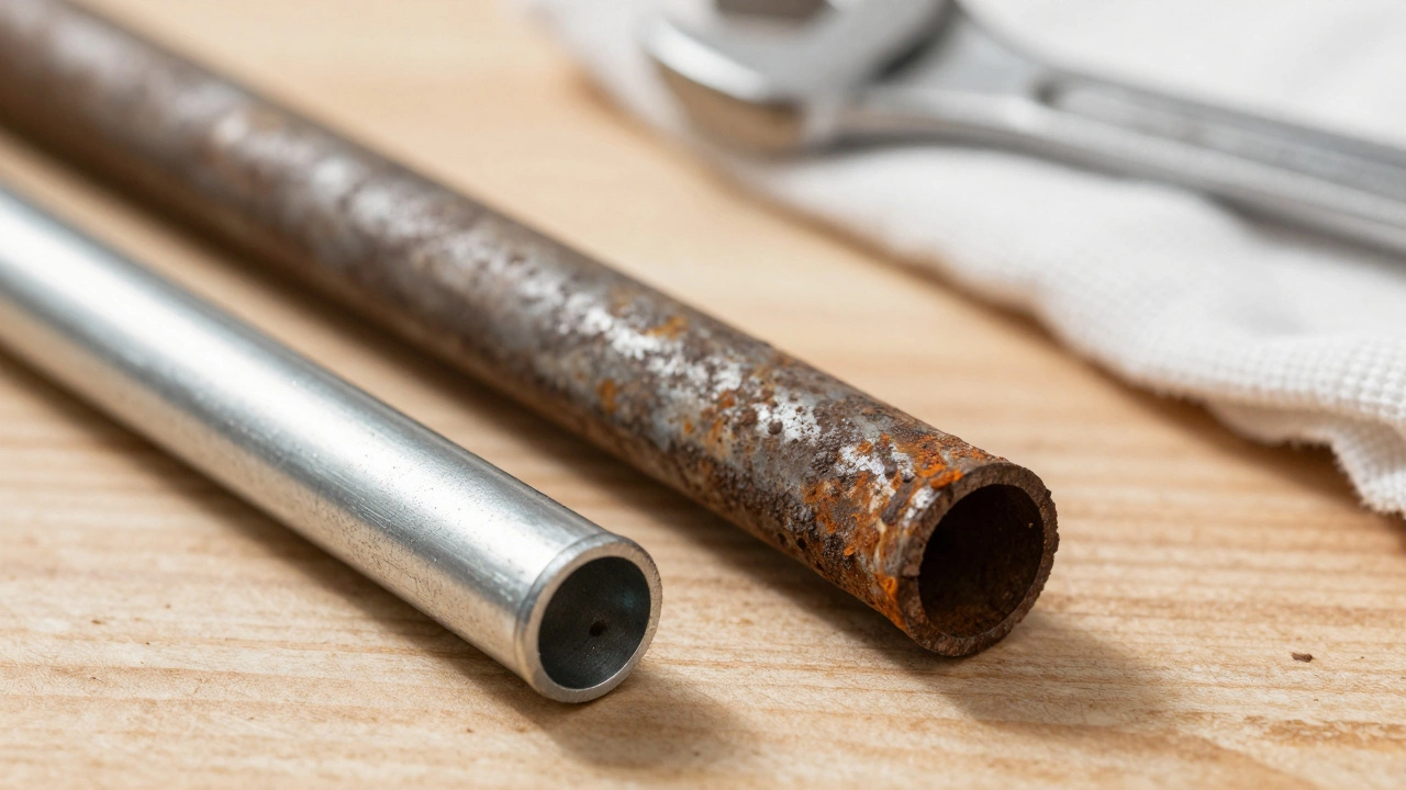 Corroded anode rod next to new replacement part on bench