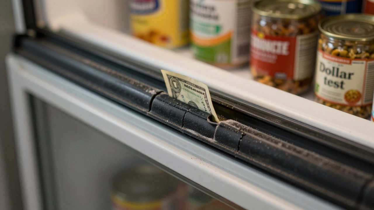 Cracked freezer door seal with dollar bill testing for air leaks