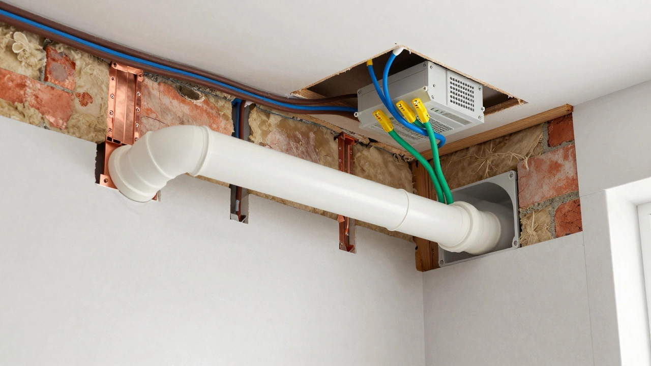 Cross-section showing fan wiring and ducting inside wall