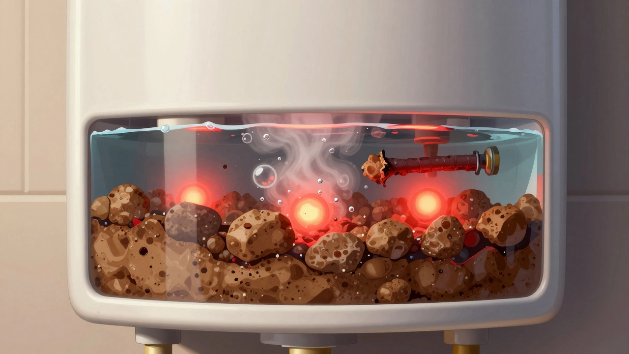 Cutaway diagram showing sediment buildup and trapped steam inside a water heater tank