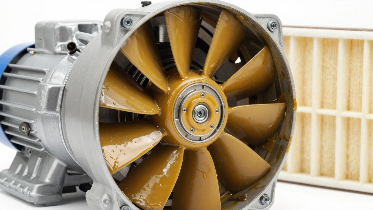 Dirty fan blades and clean motor parts close-up