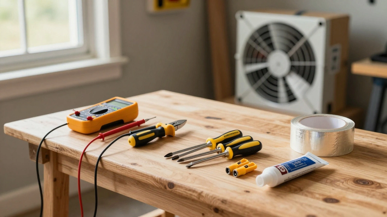 DIY tools including multimeter and connectors on workbench