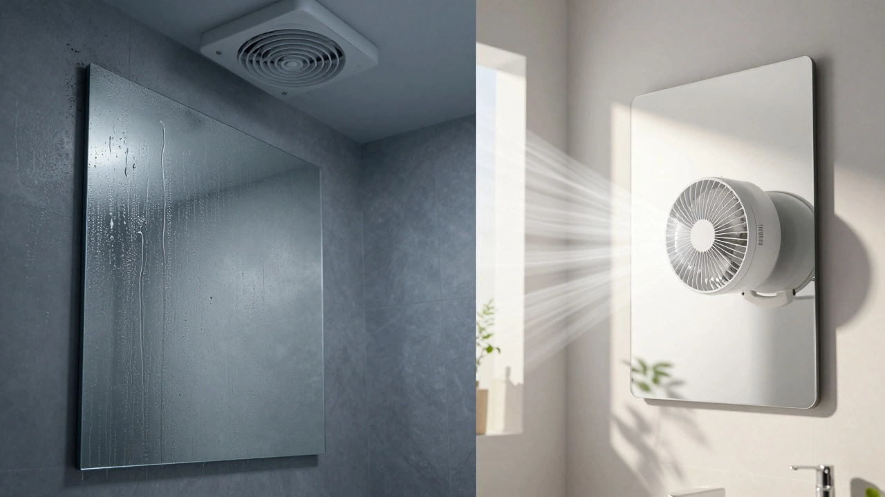 Foggy bathroom vs clear room with working fan