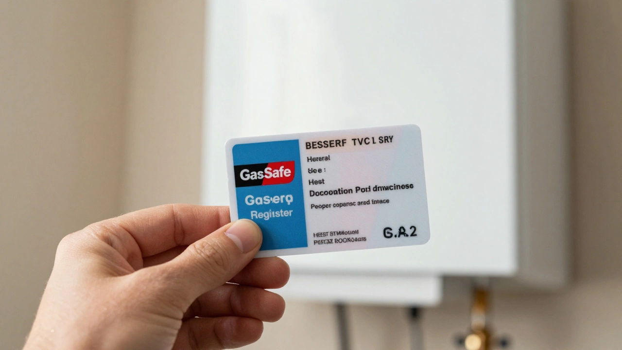 Hand holding Gas Safe ID card near a modern boiler