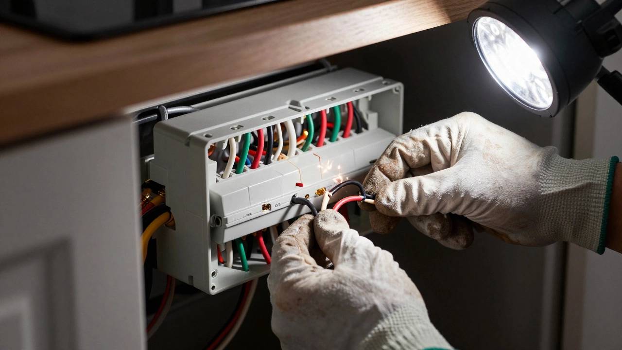 Hands carefully connecting high-voltage oven wiring terminals