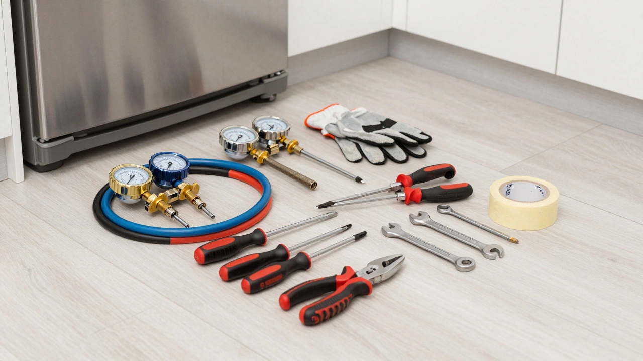 Organized toolkit including gauges and wrenches on kitchen floor