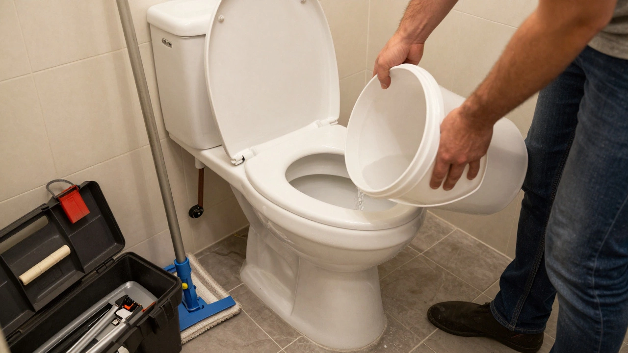 Person manually filling toilet cistern with a bucket during repairs