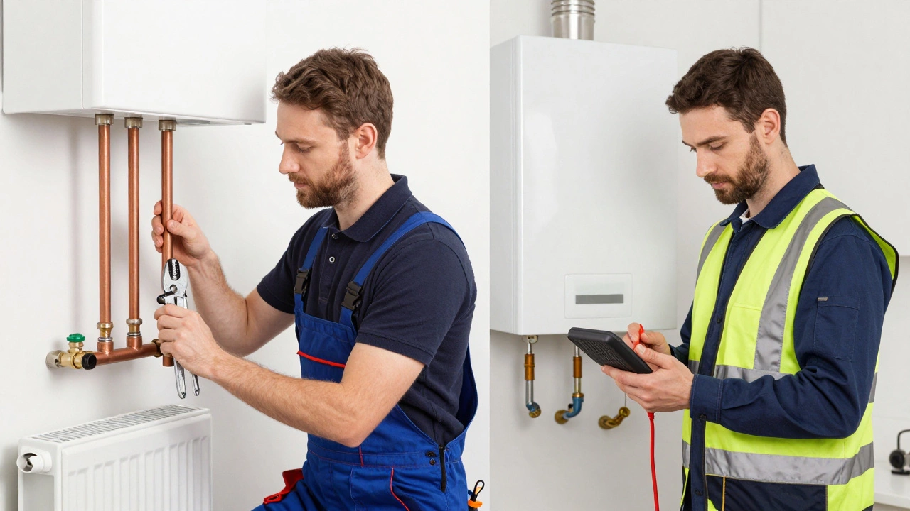 Plumber fixing pipes vs Gas Safe engineer servicing boiler