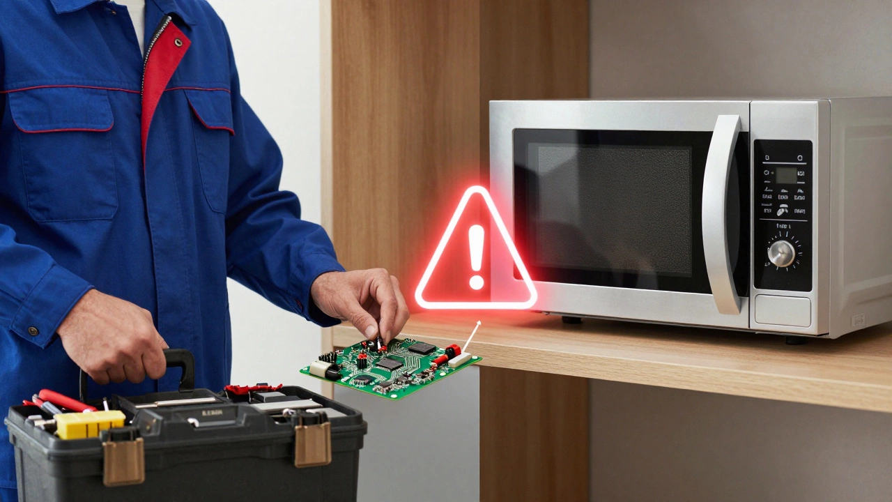 Technician vs new microwave box showing repair choice