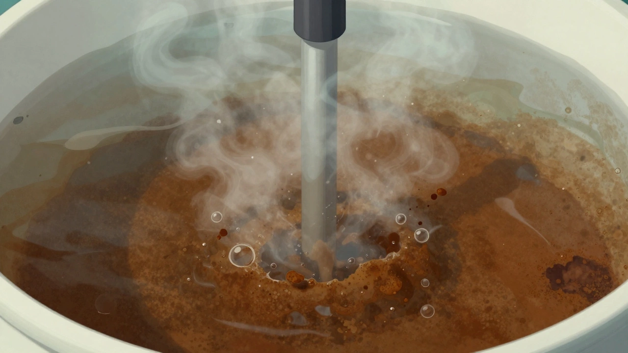 Water heater tank interior with sediment and steam bubbles