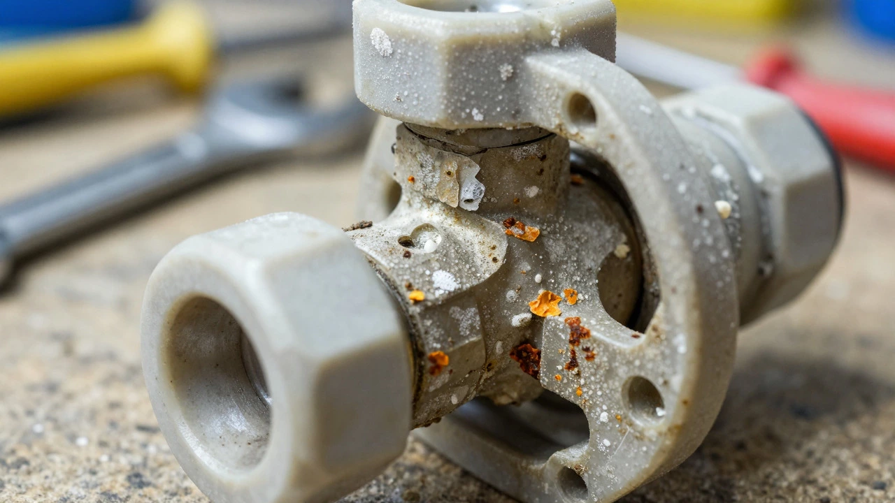 Close-up of corroded shower valve cartridge with mineral buildup