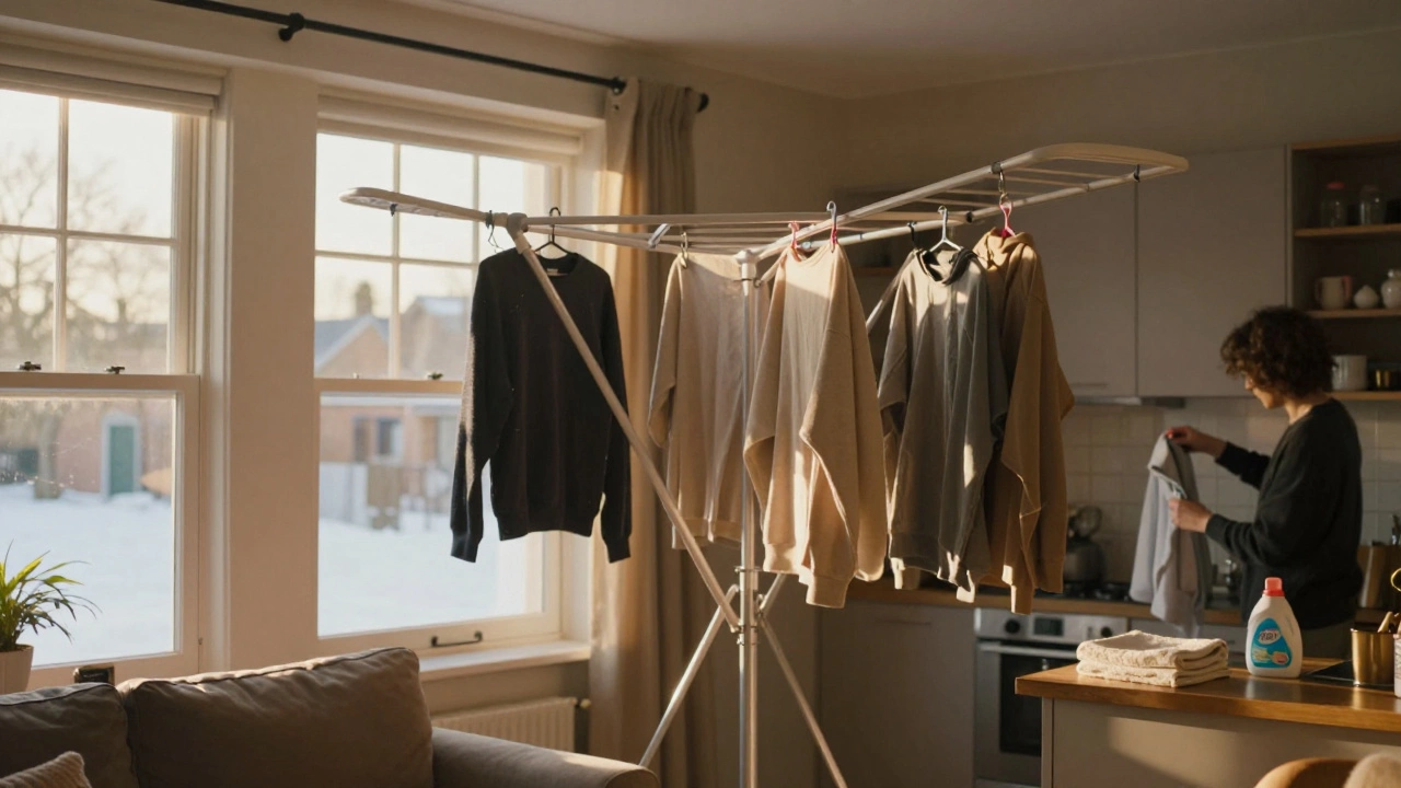 Clothes drying on an indoor airer while pre-treating stains in a sunlit room