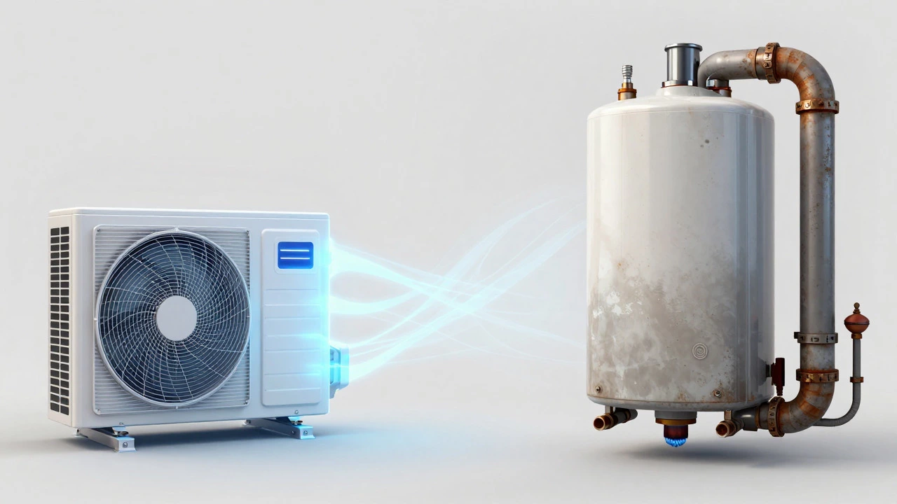 Comparison graphic showing simple heat pump vs complex boiler parts