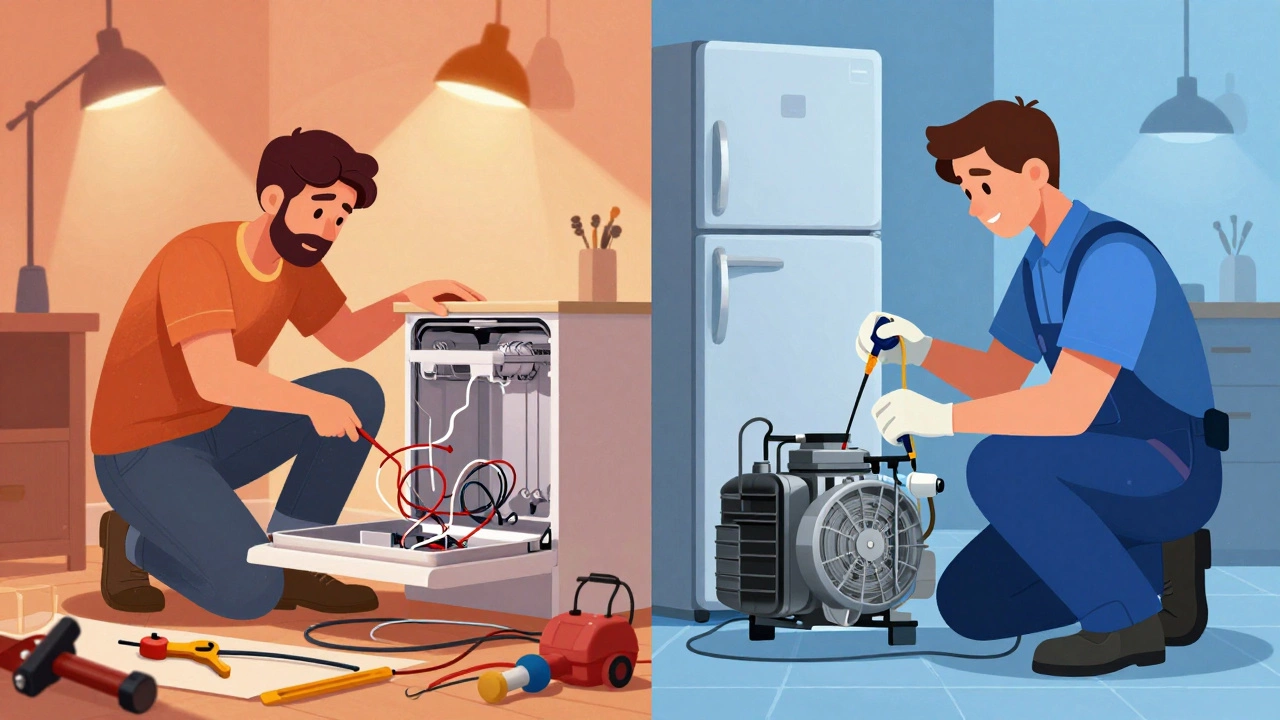 Contrast between chaotic DIY repair and calm professional appliance fix