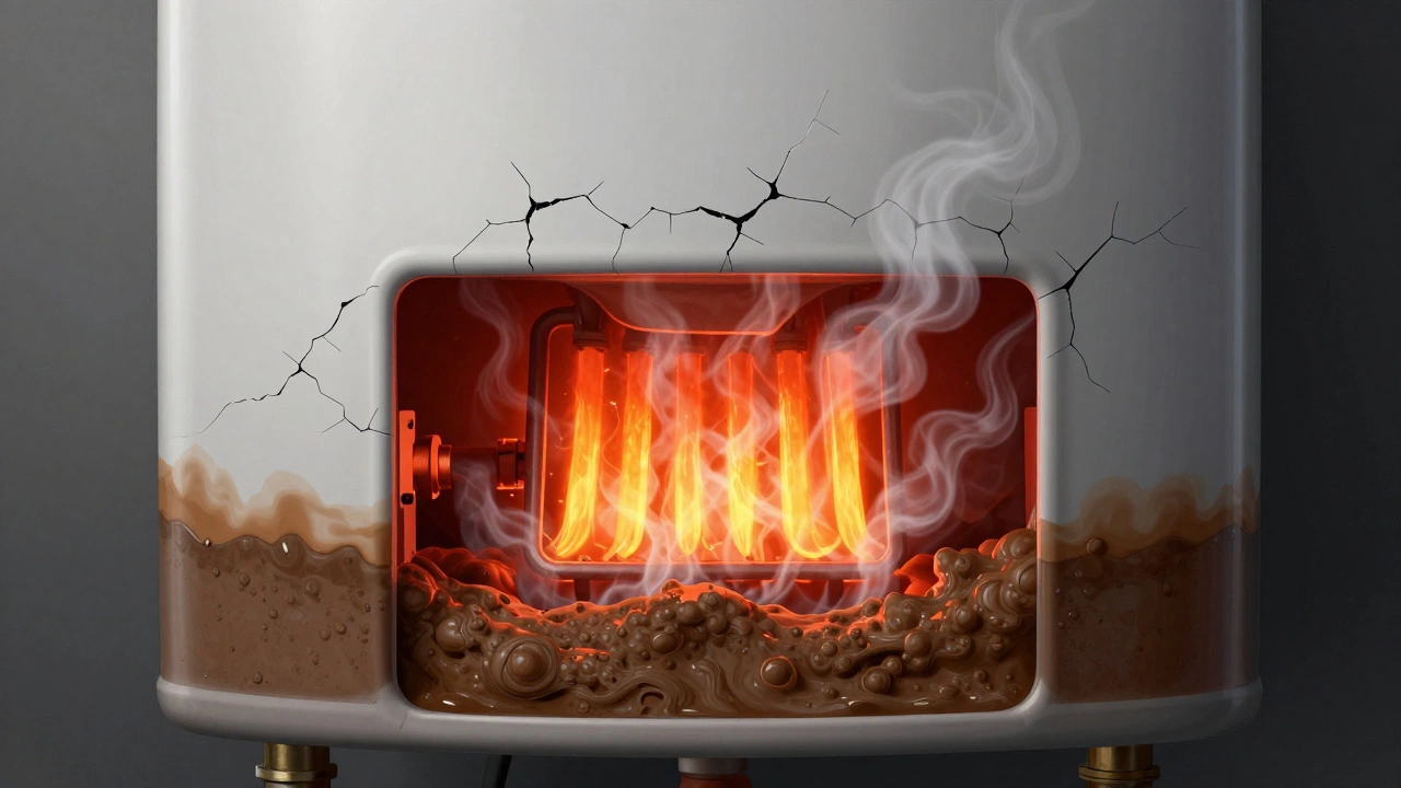 Cross-section of water heater showing sediment buildup and overheating element
