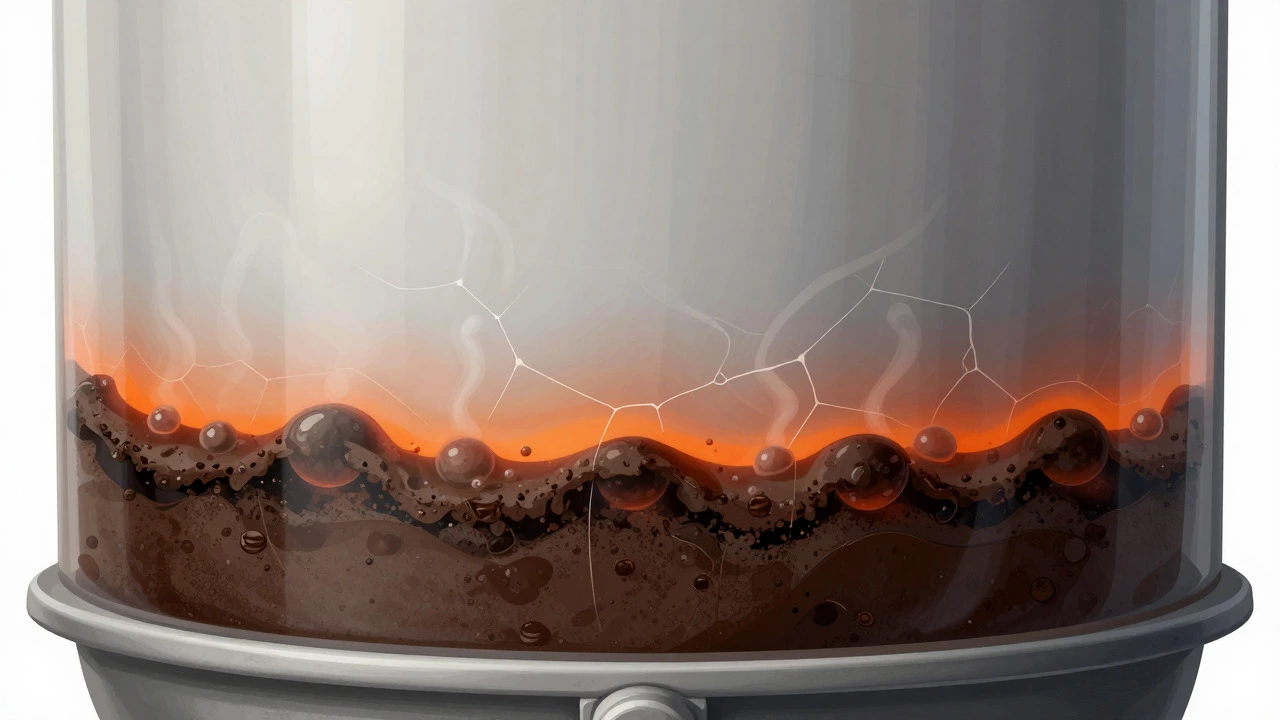 Cross-section showing sediment buildup and cracks in tank