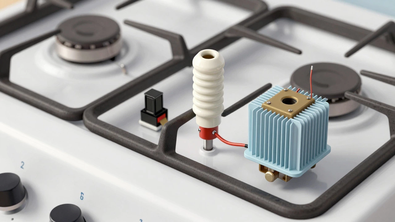 Detailed 3D render of gas oven ignition components like electrodes and switches.