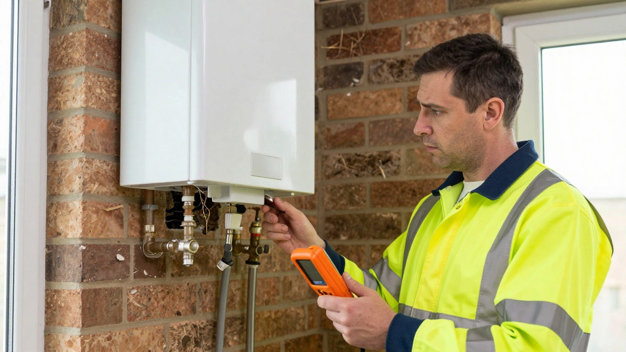 Gas engineer checking blocked vent and CO levels on water heater