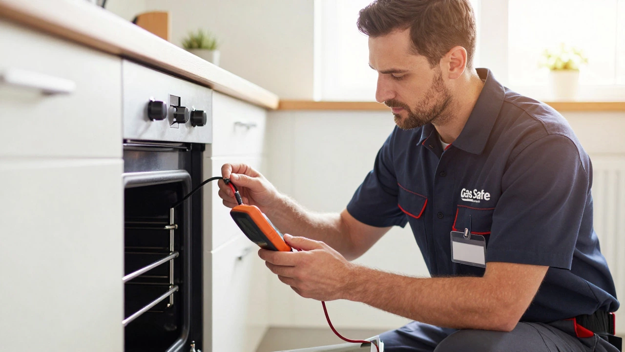 Gas Safe engineer inspecting oven wiring with a multimeter in a bright kitchen.