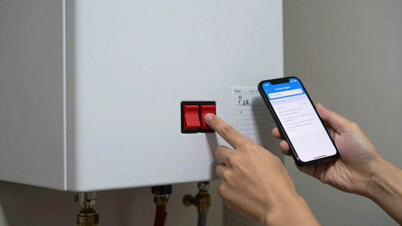 Hand switching off boiler power isolator next to error code notes