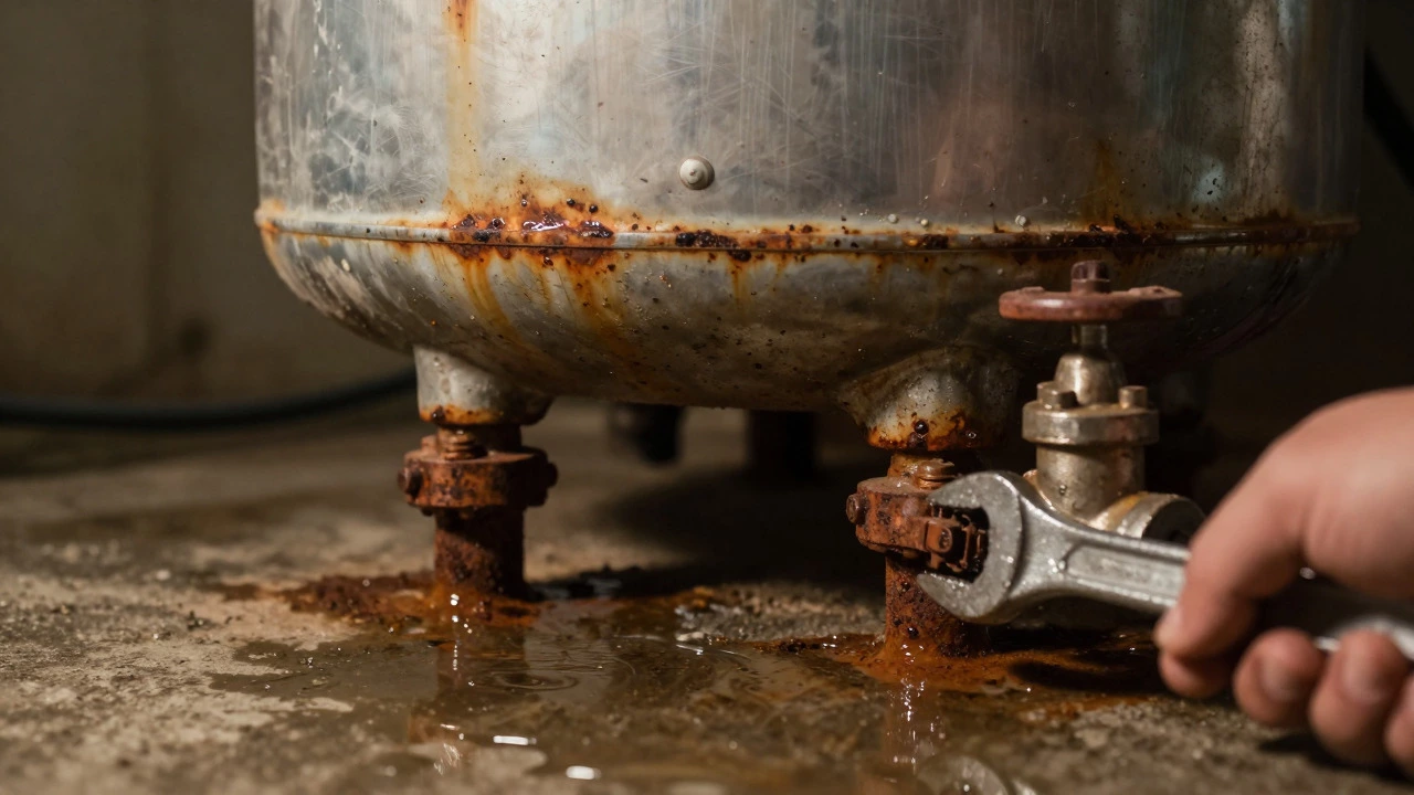 Rusty water heater leaking water onto utility room floor