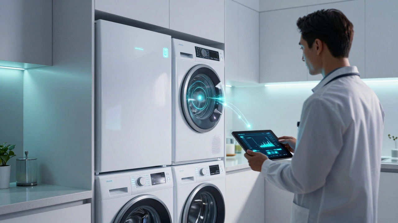 Smart appliances with glowing indicators being serviced by a technician