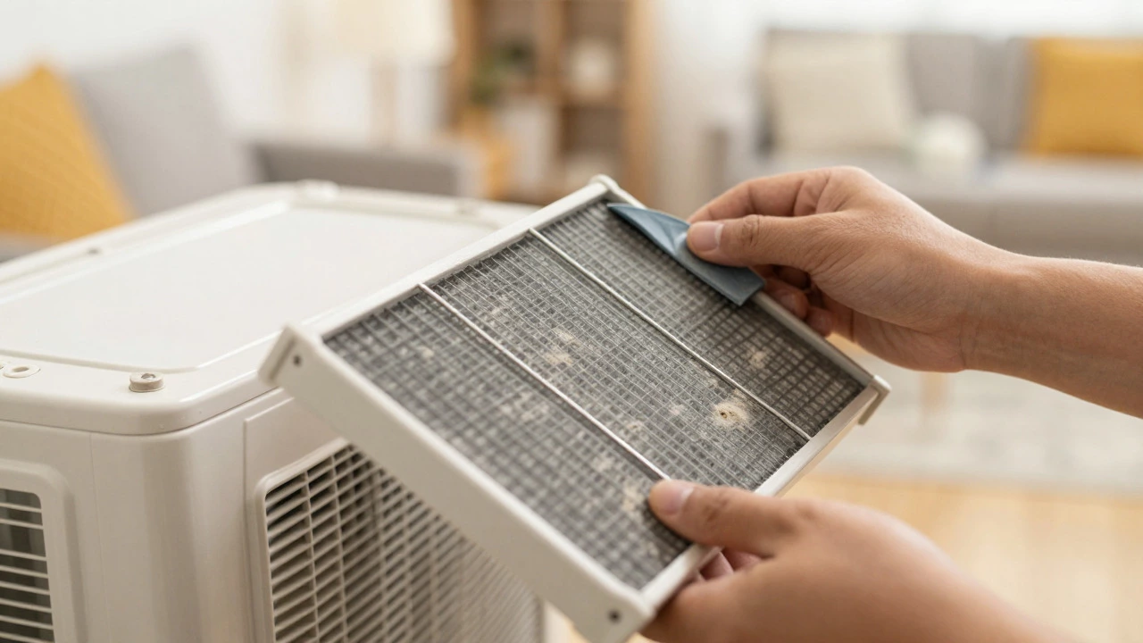 Technician cleaning air filters for heat pump maintenance indoors
